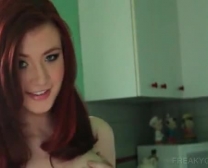 Sexy Redhead Fondles Blad Cooter On A Stool